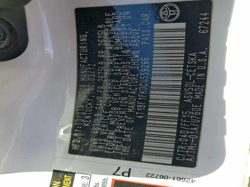 2012 TOYOTA CAMRY BASE  