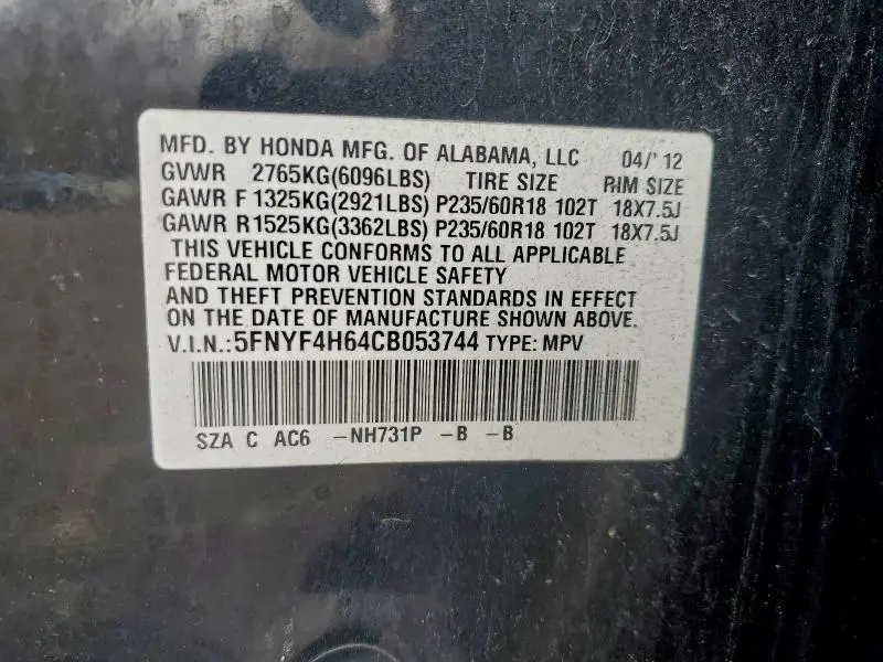 2012 HONDA PILOT EXL  