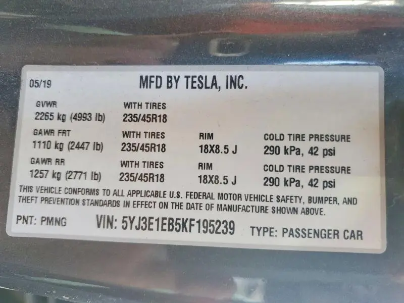 2019 TESLA MODEL 3   