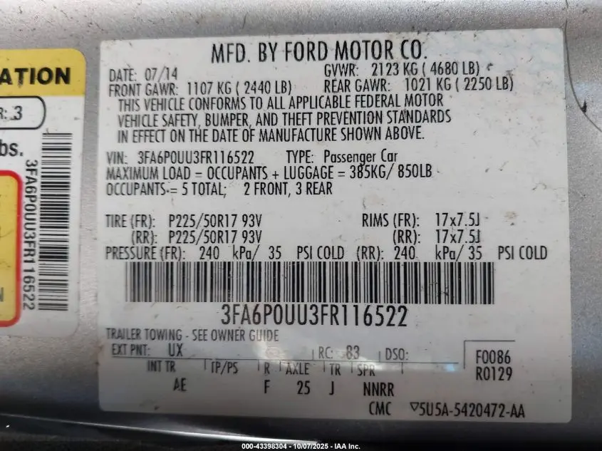 2015 FORD FUSION HYBRID S