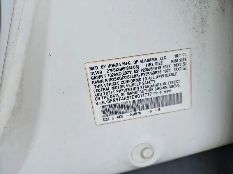 2012 HONDA PILOT EXL  