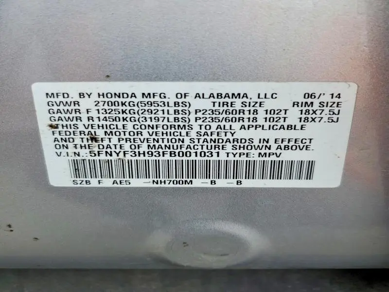 2015 HONDA PILOT TOURING  