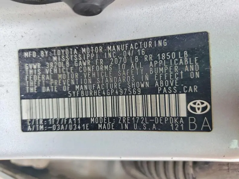 2016 TOYOTA COROLLA L  