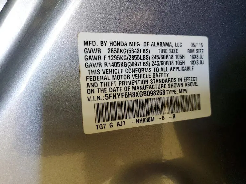 2016 HONDA PILOT EXL  