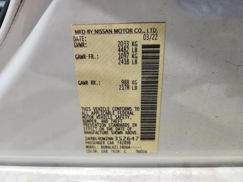 2022 NISSAN ALTIMA SV  
