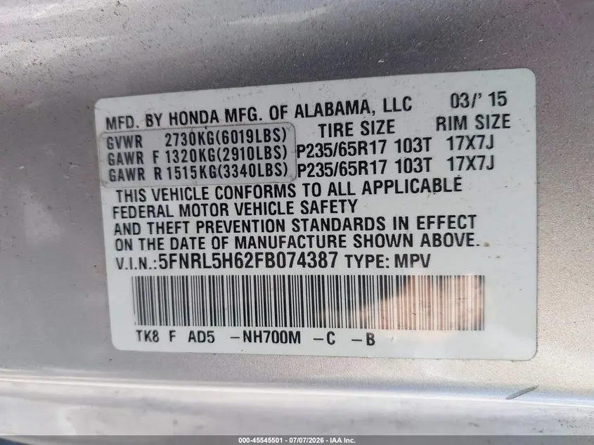 2015 HONDA ODYSSEY EX-L