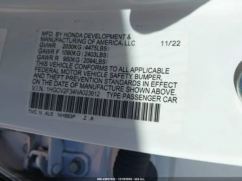 2022 HONDA ACCORD SPORT 2.0T