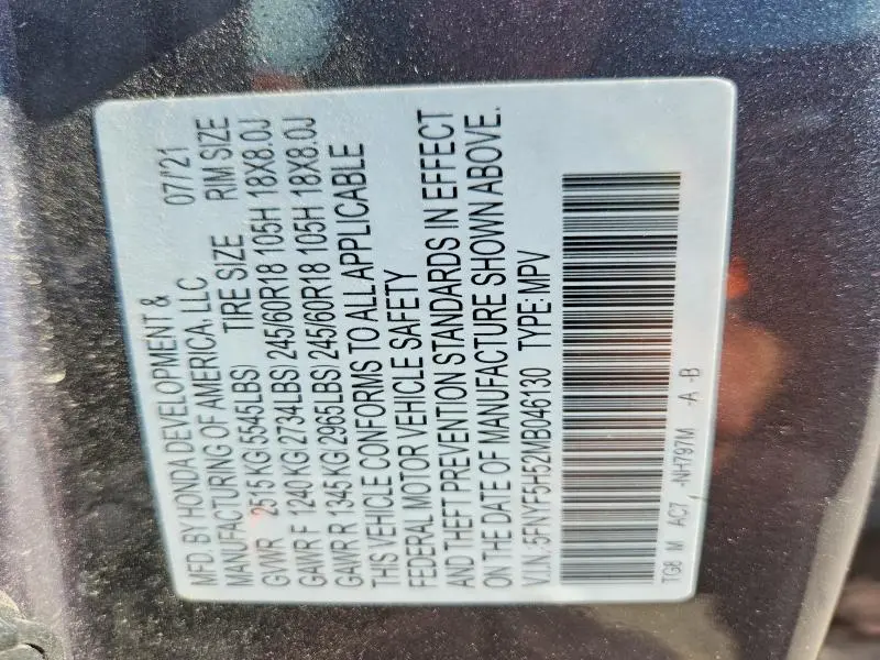 2021 HONDA PILOT EXL  