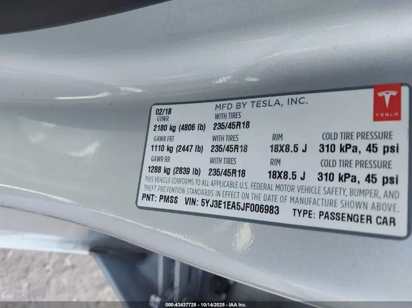2018 TESLA MODEL 3 LONG RANGE/MID RANGE