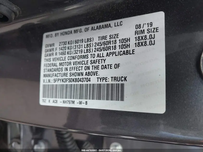 2019 HONDA RIDGELINE RTL
