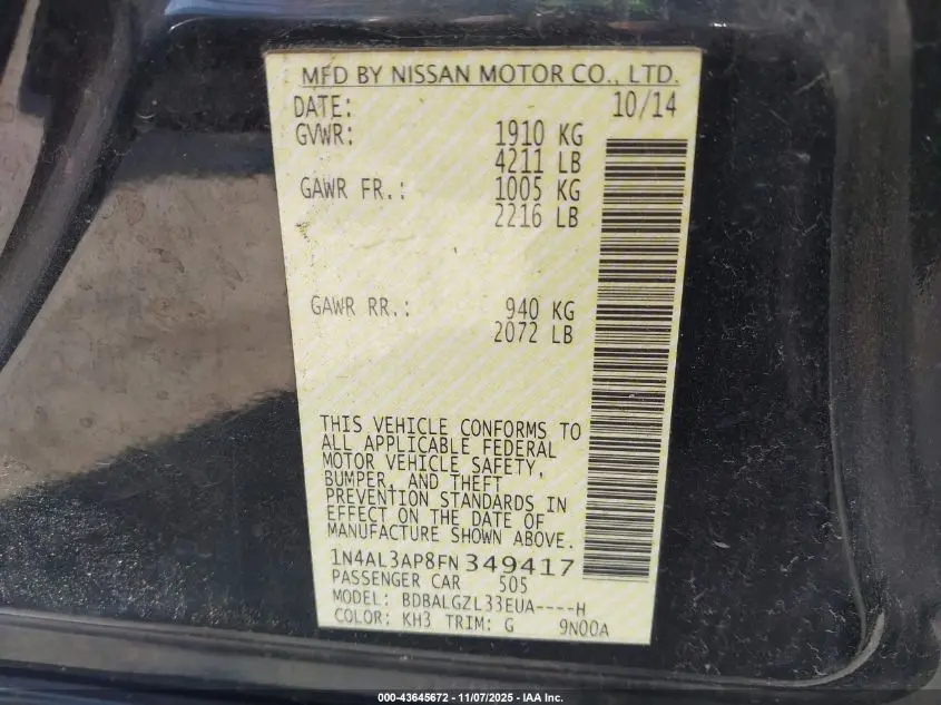 2015 NISSAN ALTIMA 2.5 S