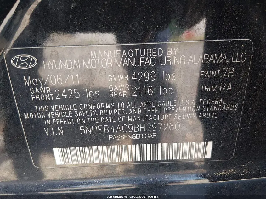 2011 HYUNDAI SONATA GLS