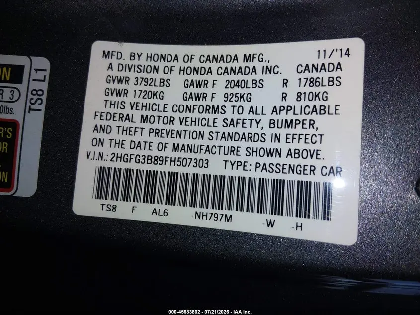2015 HONDA CIVIC EX