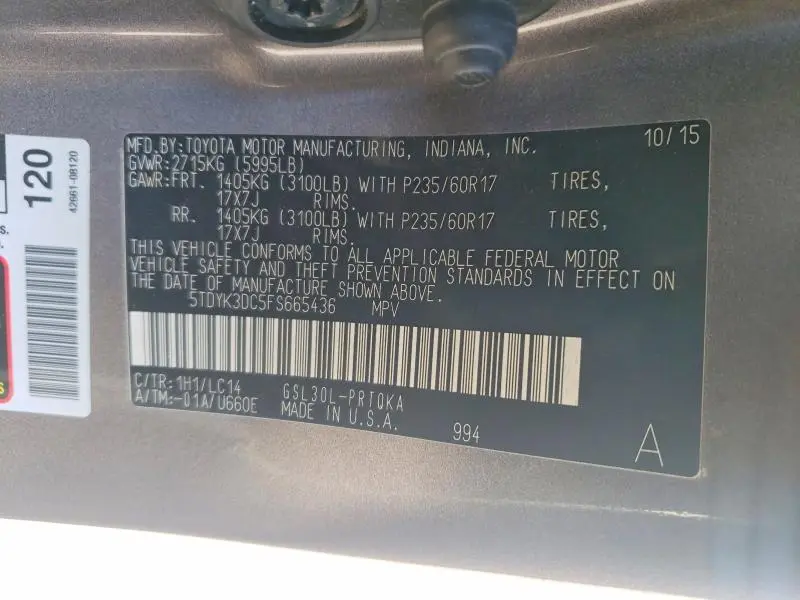 2015 TOYOTA SIENNA XLE 8-PASSENGER  