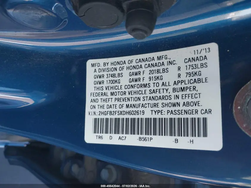 2013 HONDA CIVIC LX