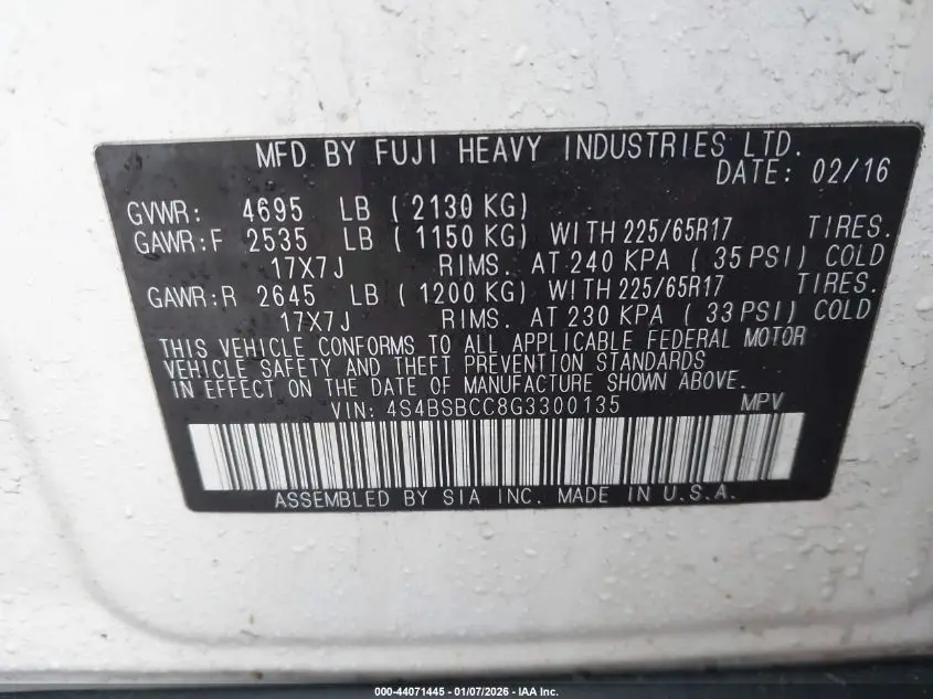 2016 SUBARU OUTBACK 2.5I PREMIUM