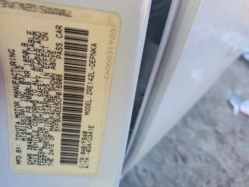 2012 TOYOTA COROLLA BASE  