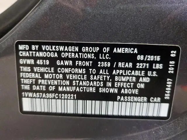 2015 VOLKSWAGEN PASSAT S  
