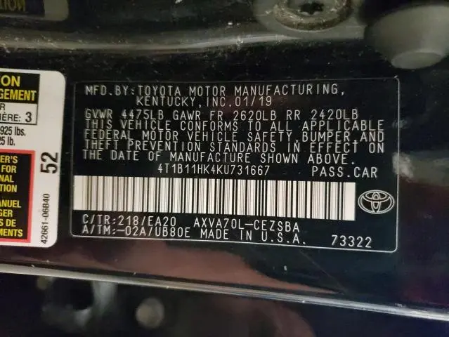 2019 TOYOTA CAMRY L  