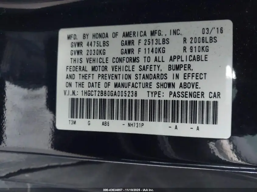 2016 HONDA ACCORD EX-L V-6