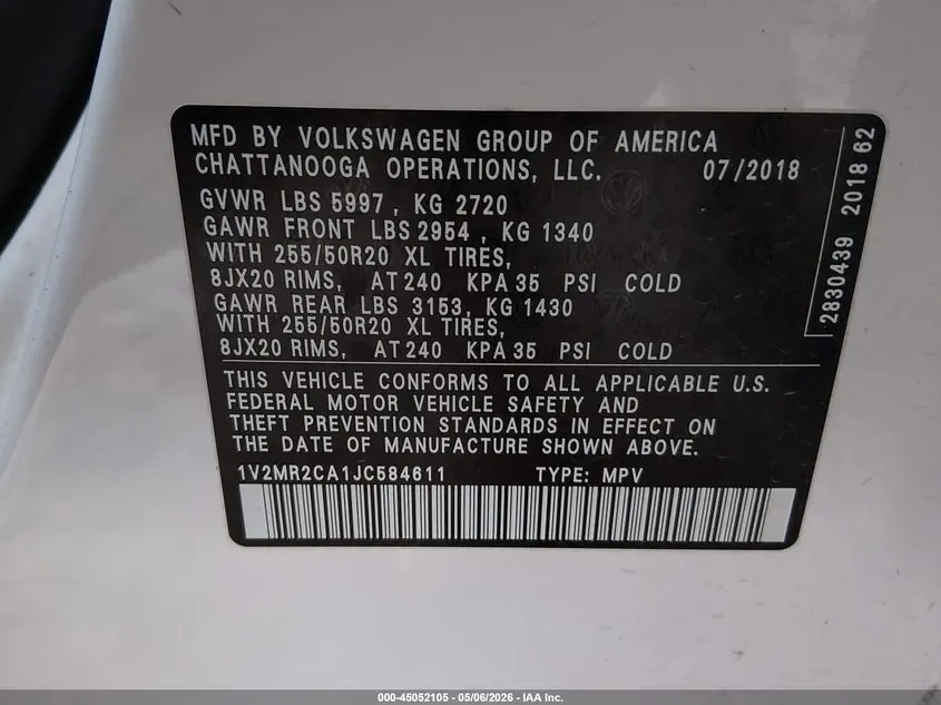 2018 VOLKSWAGEN ATLAS 3.6L V6 SEL