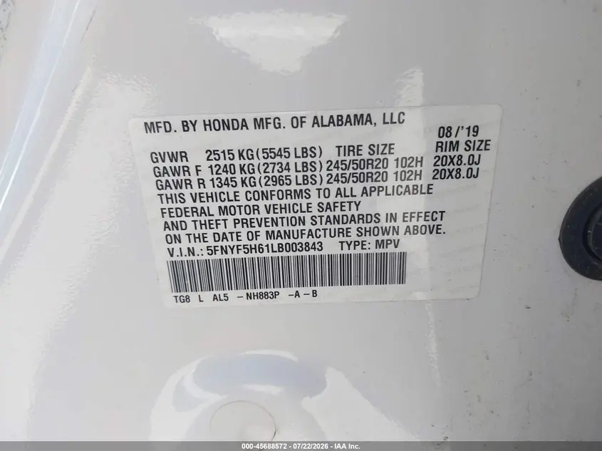 2020 HONDA PILOT 2WD TOURING 7 PASSENGER