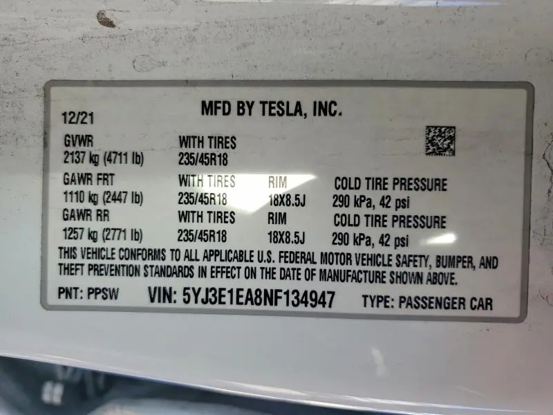 2022 TESLA MODEL 3   