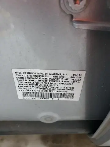 2015 HONDA PILOT EXL  