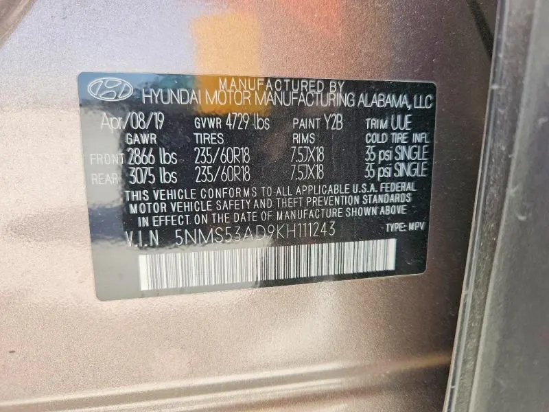 2019 HYUNDAI SANTA FE LIMITED 2.4L  