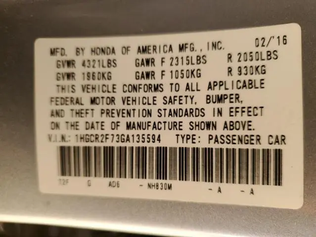 2016 HONDA ACCORD EX  