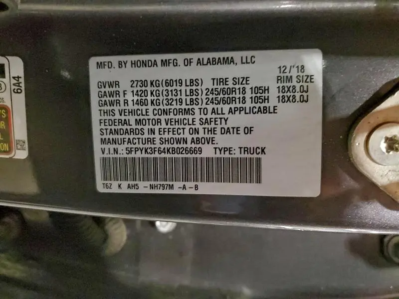 2019 HONDA RIDGELINE RTL  