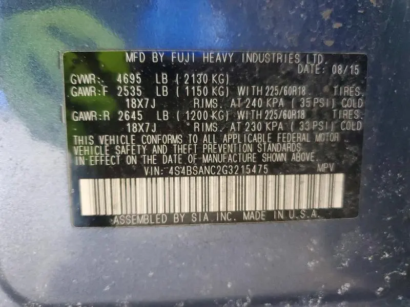 2016 SUBARU OUTBACK 2.5I LIMITED  