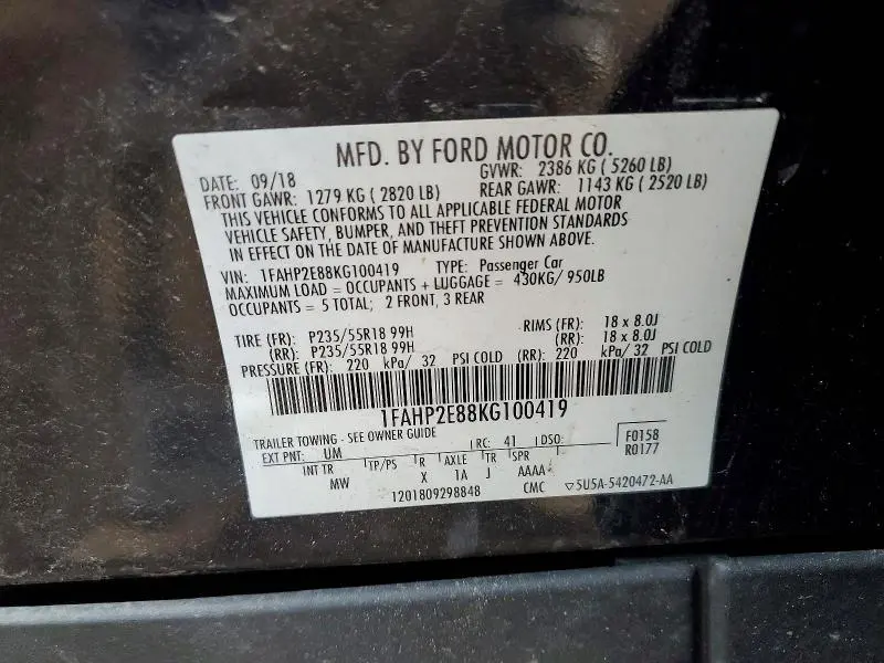2019 FORD TAURUS SEL  