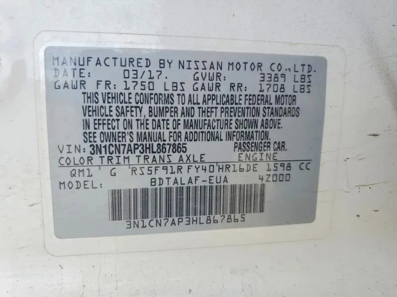 2017 NISSAN VERSA 1.6 S  