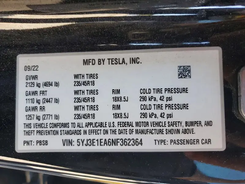 2022 TESLA MODEL 3   