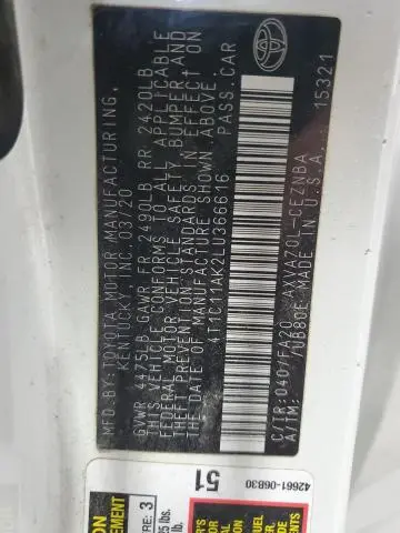 2020 TOYOTA CAMRY LE