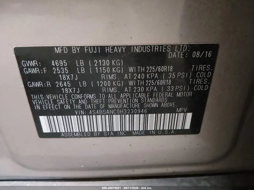 2017 SUBARU OUTBACK 2.5I LIMITED