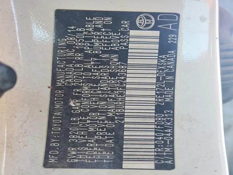 2015 TOYOTA COROLLA L  