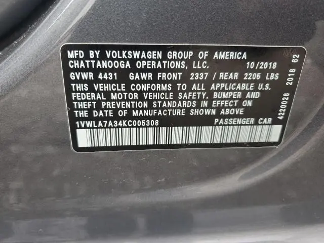 2019 VOLKSWAGEN PASSAT WOLFSBURG  