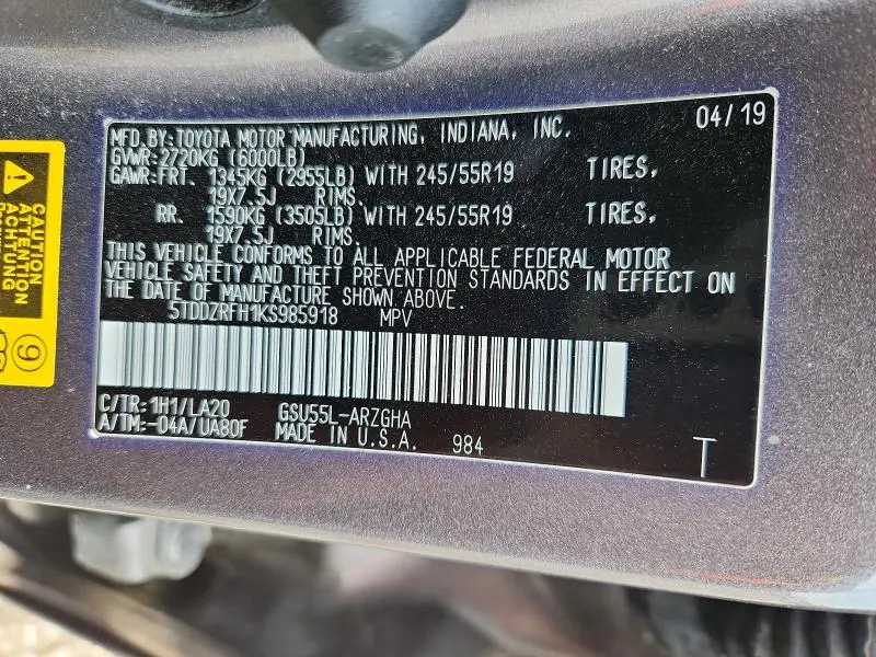 2019 TOYOTA HIGHLANDER LIMITED  