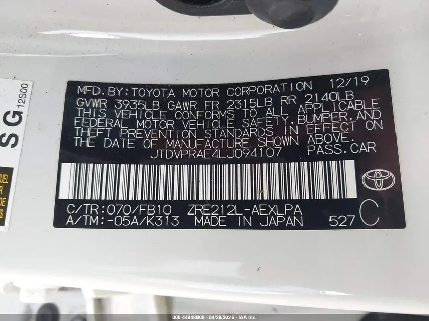 2020 TOYOTA COROLLA LE
