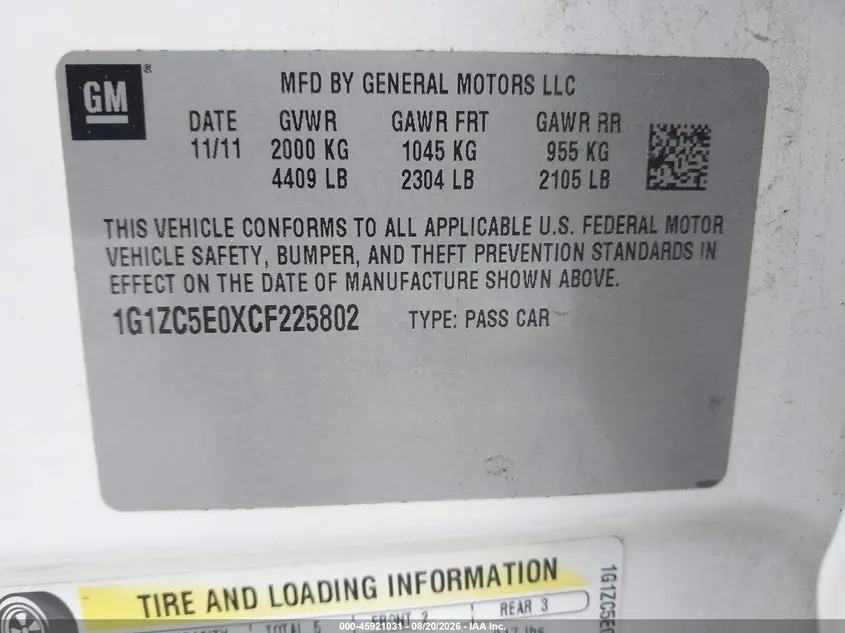 2012 CHEVROLET MALIBU 1LT