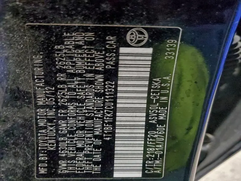 2012 TOYOTA CAMRY BASE  