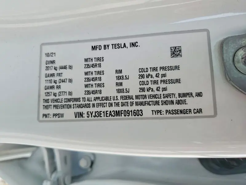 2021 TESLA MODEL 3   