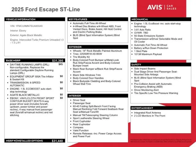 2025 FORD ESCAPE ST LINE  