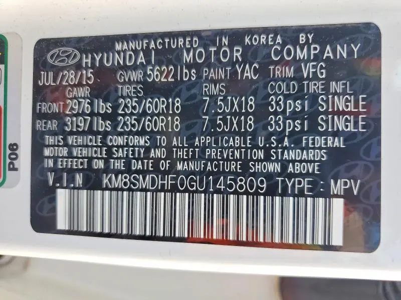 2016 HYUNDAI SANTA FE SE  