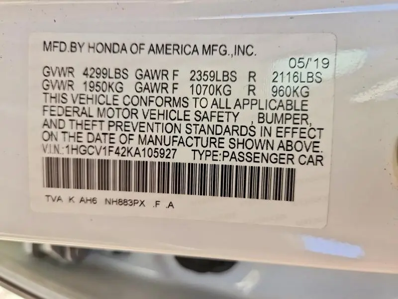 2019 HONDA ACCORD EX  
