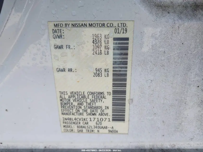 2019 NISSAN ALTIMA 2.5 SR