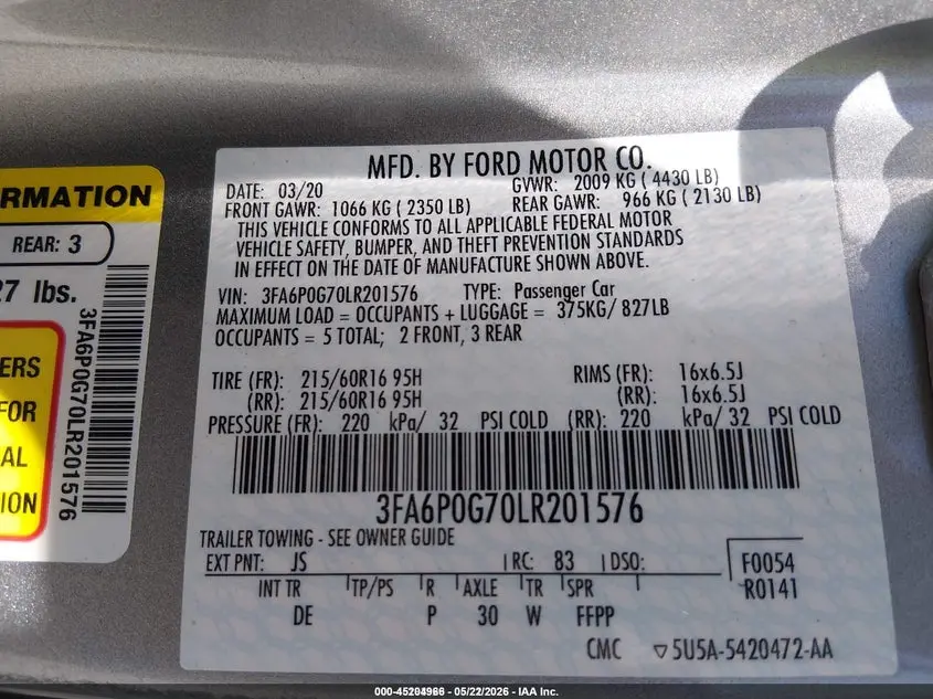 2020 FORD FUSION S