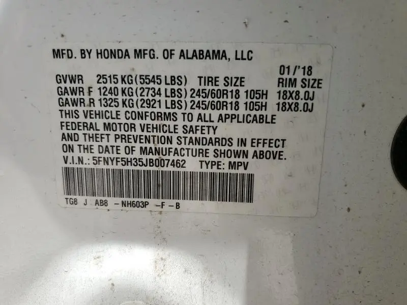 2018 HONDA PILOT EX  